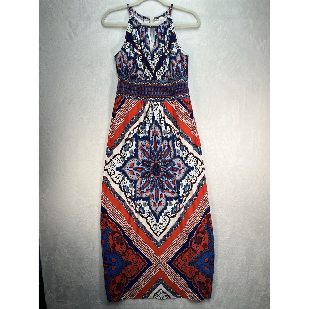 Chico's Halter Maxi Dress Womens 6 Multicolor Medallion Summer Resort Patriotic